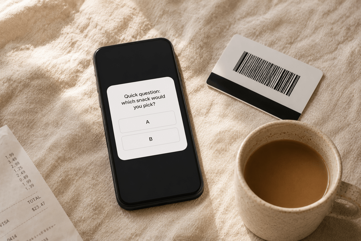 Phone showing a generic poll question next to a loyalty card and coffee on a kitchen table