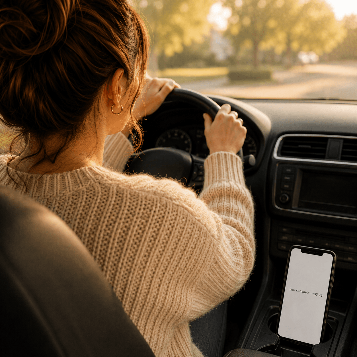 Maya waiting in the school pickup line with her phone in the cupholder