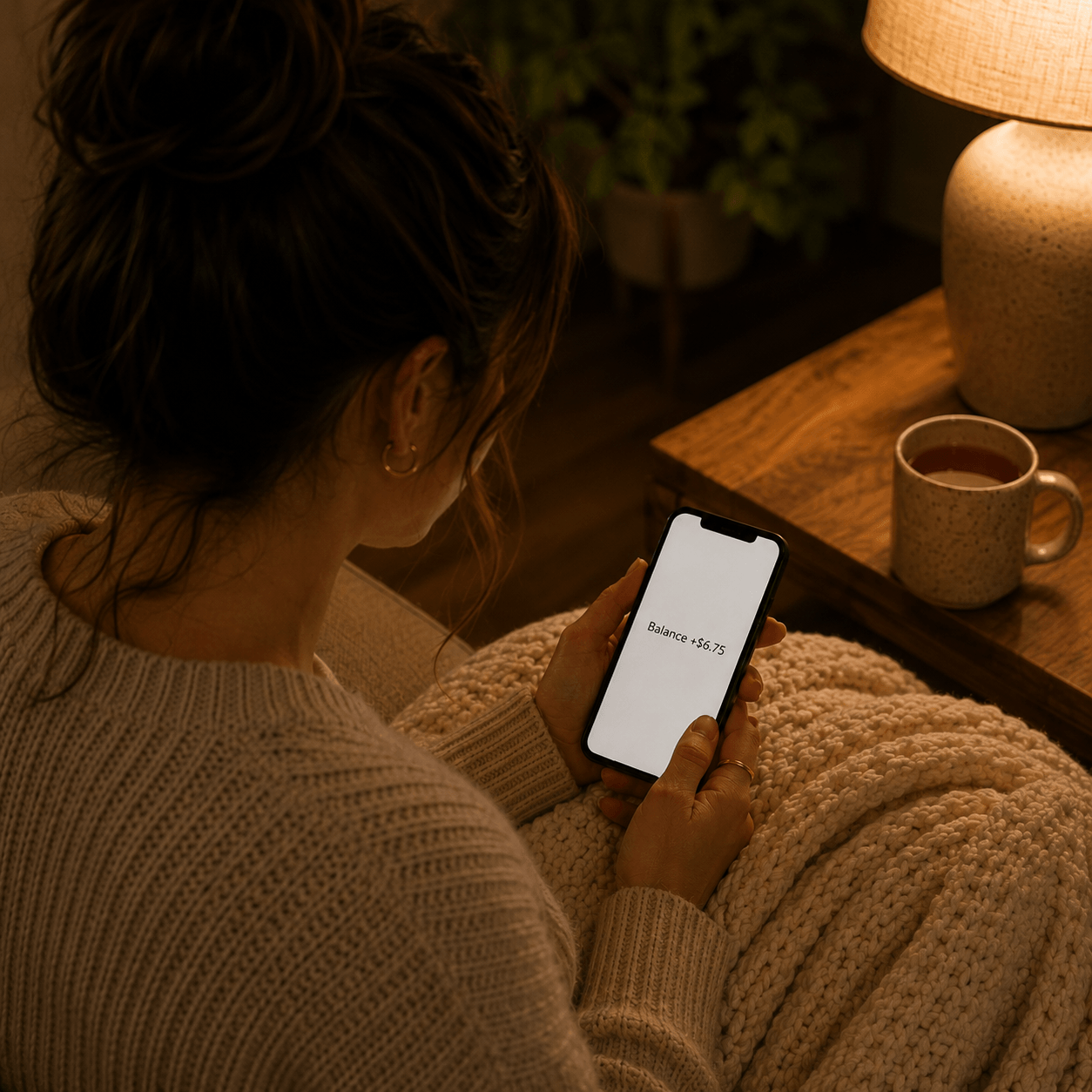 Maya on the couch at night with tea and her phone