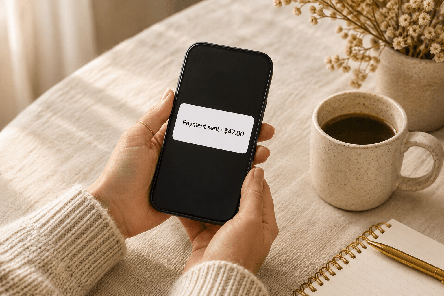 Hands with a thin gold ring holding a phone showing a payment sent notification