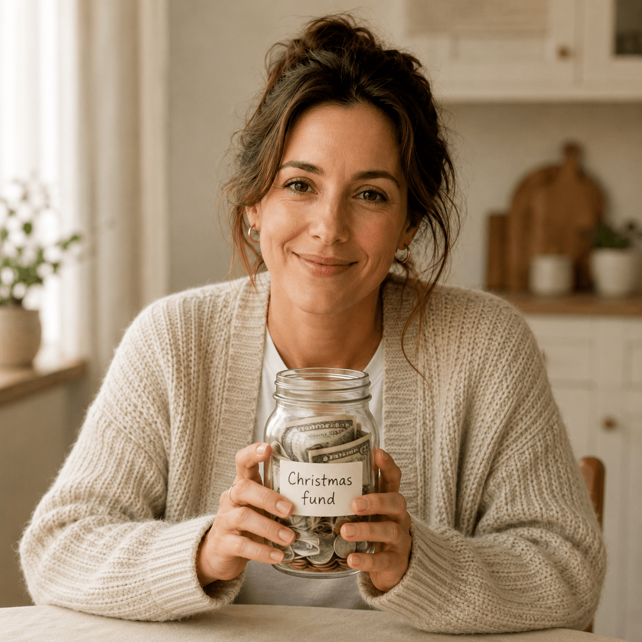Maya at a kitchen table holding a jar labelled Christmas fund
