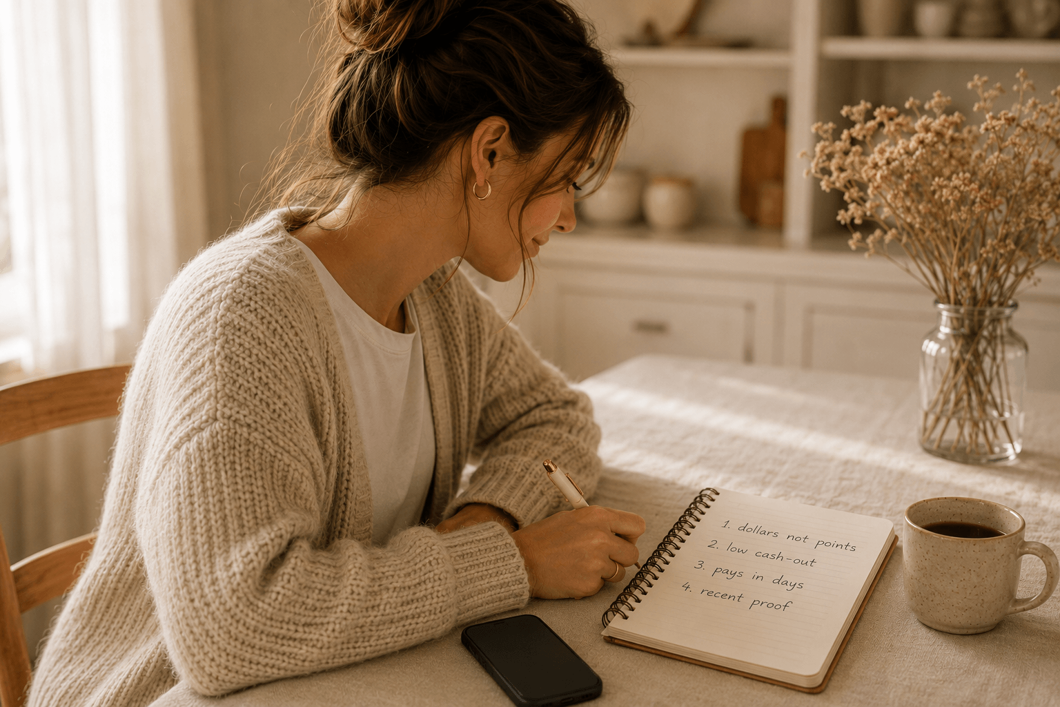 Maya writing a short list of vetting rules in a notebook at a kitchen table