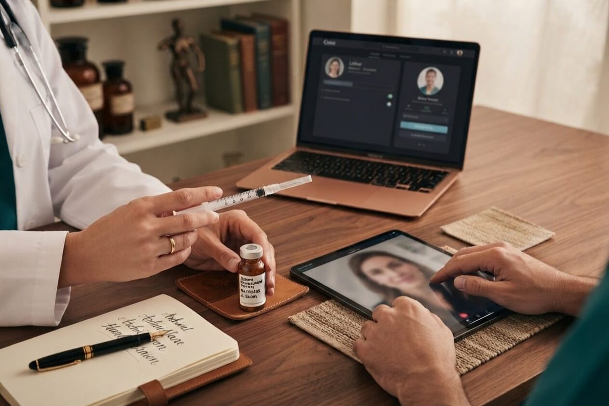 A clinician reviewing a compounded semaglutide vial during a telehealth consultation