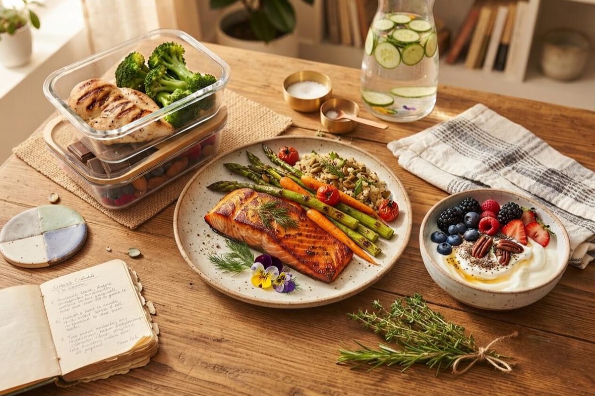 Meal-prepped high protein GLP-1 meals: grilled chicken, salmon, berries and yogurt
