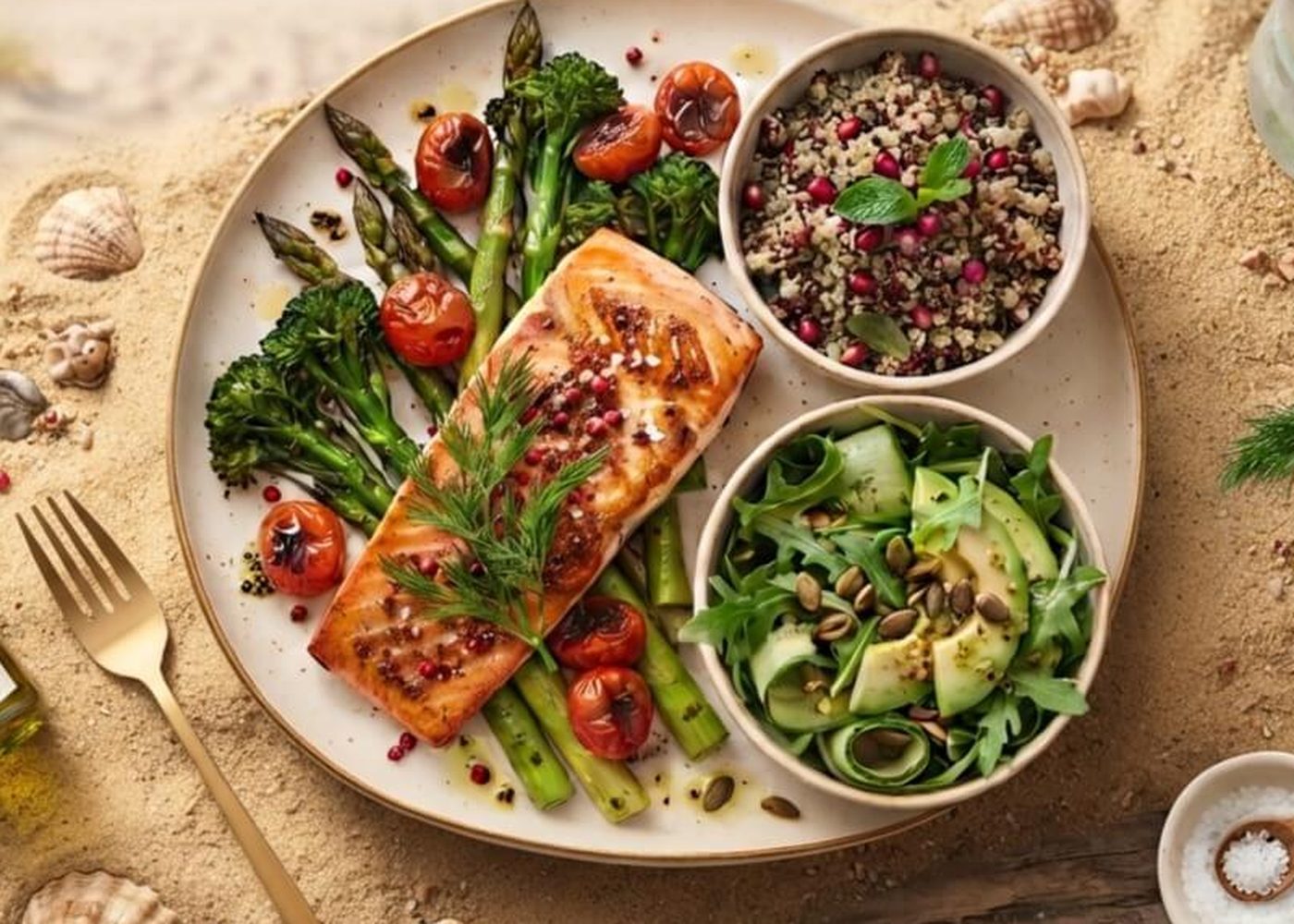 A high-protein GLP-1 friendly plate: salmon, roasted vegetables, quinoa and fresh salad